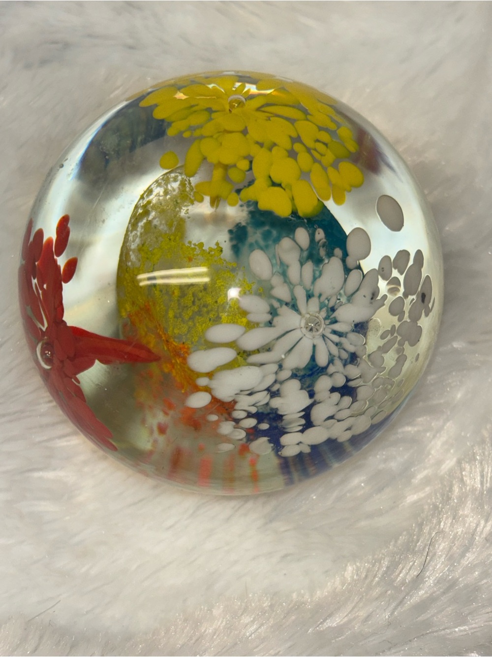 Art Glass hand blown Paperweight with Multicolor Floral Design